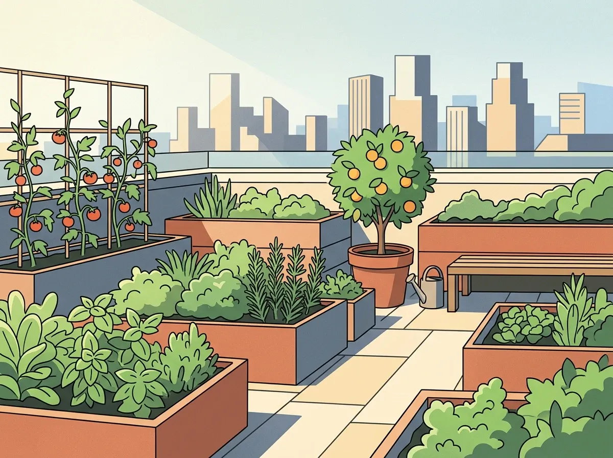 Editorial illustration of a stylized urban rooftop garden with planters, herbs, and a citrus tree