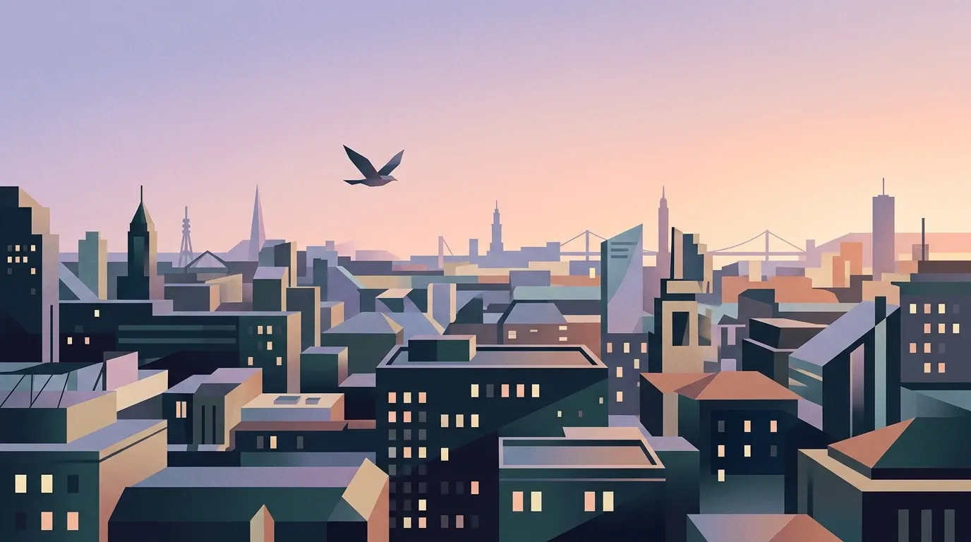Geometric editorial illustration of a city skyline at dawn with rooftops and a single bird