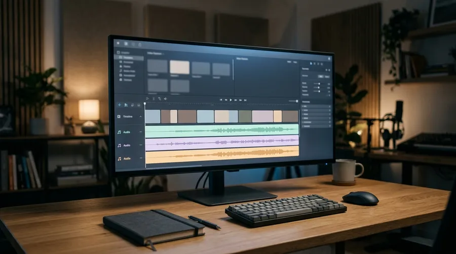 Editing suite monitor in a dim studio showing a video timeline with one video track above three separate coloured audio waveform tracks, illustrating standalone audio layered under footage. Image generated on getimg.ai.