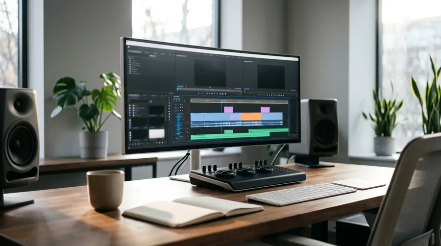 Video editor's desk in a bright studio, a wide monitor showing a video timeline with coloured clip bars, speakers and a notebook on warm wood, illustrating generating narration, music and transitions for a video edit. Image generated on getimg.ai.
