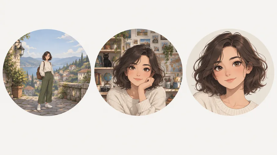 Three circular profile crops of one illustrated woman: full body, busy background, close-up