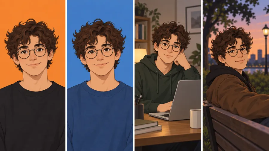 The same illustrated man with curly hair and glasses shown in four different backgrounds