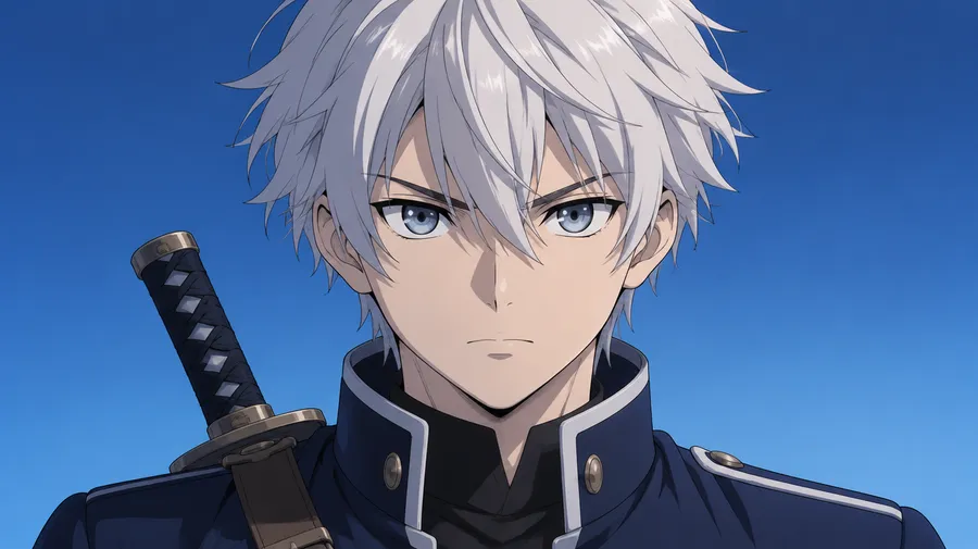 Cel-shaded anime avatar of a silver-haired swordsman in a navy jacket on a blue gradient
