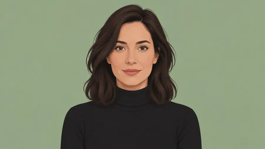 Illustrated head-and-shoulders avatar of a woman in a black turtleneck on a flat sage background