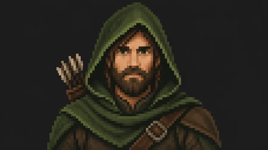 Pixel art avatar of a bearded ranger in a green hood on a dark charcoal background