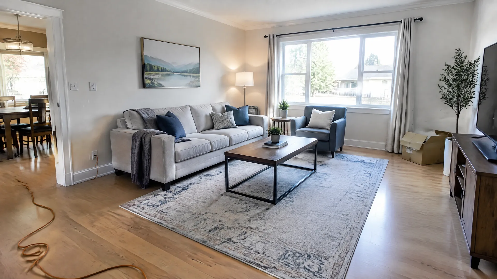 Bright living room with an extension cable and cardboard box