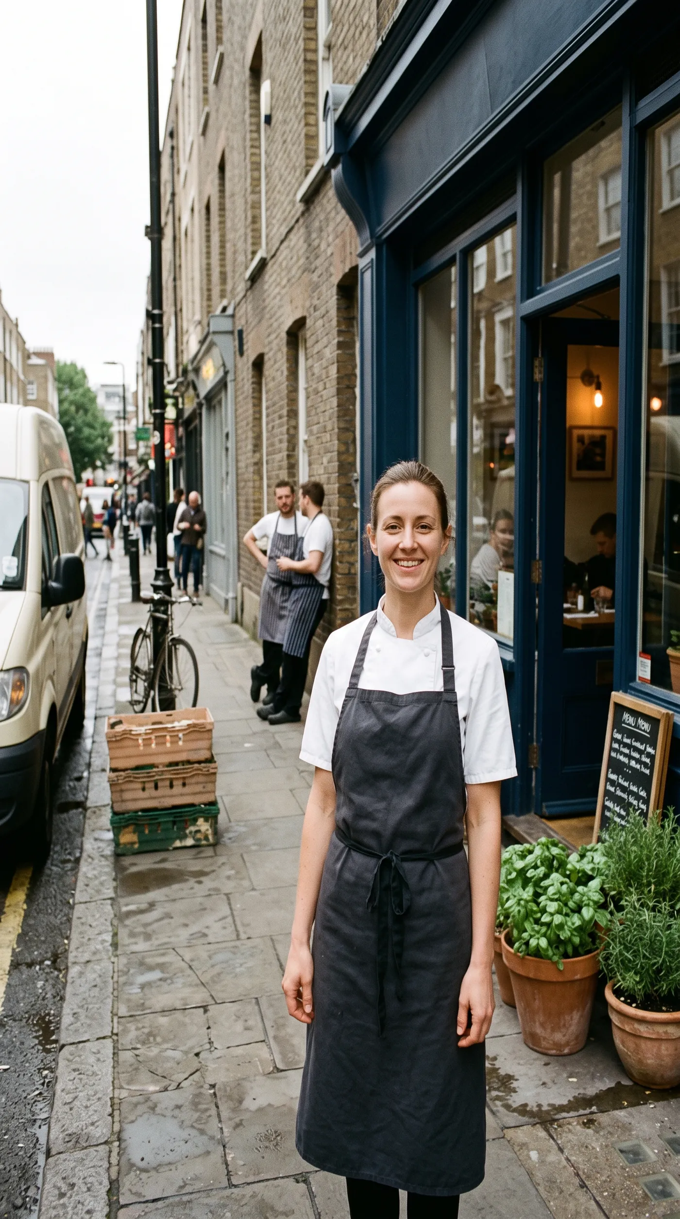 Before: a smiling chef outside her navy bistro with a delivery van, two staff on a break, crates and a bicycle behind her, used as a background cleanup example on getimg.ai