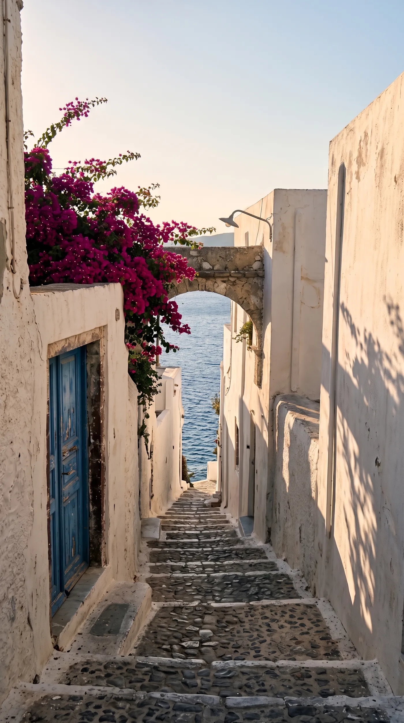 After: the same Greek island alley with the cables, pole, bins and cone removed by Background cleanup on getimg.ai