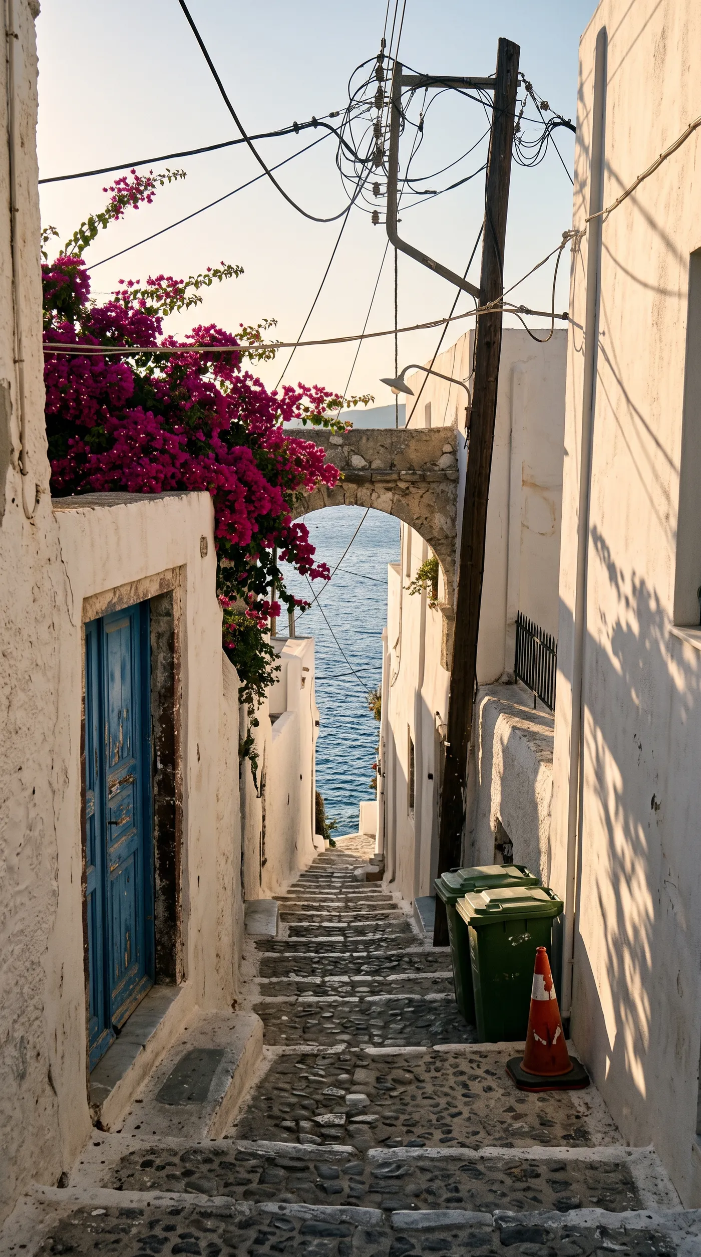 Before: a whitewashed Greek island alley with steps to the sea, spoiled by power cables, a utility pole, wheelie bins and a traffic cone, used as a background cleanup example on getimg.ai