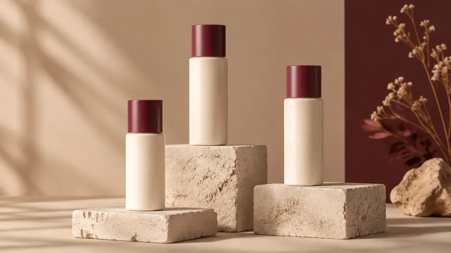 Three cream bottles with burgundy caps on beige stone blocks beside dried stems