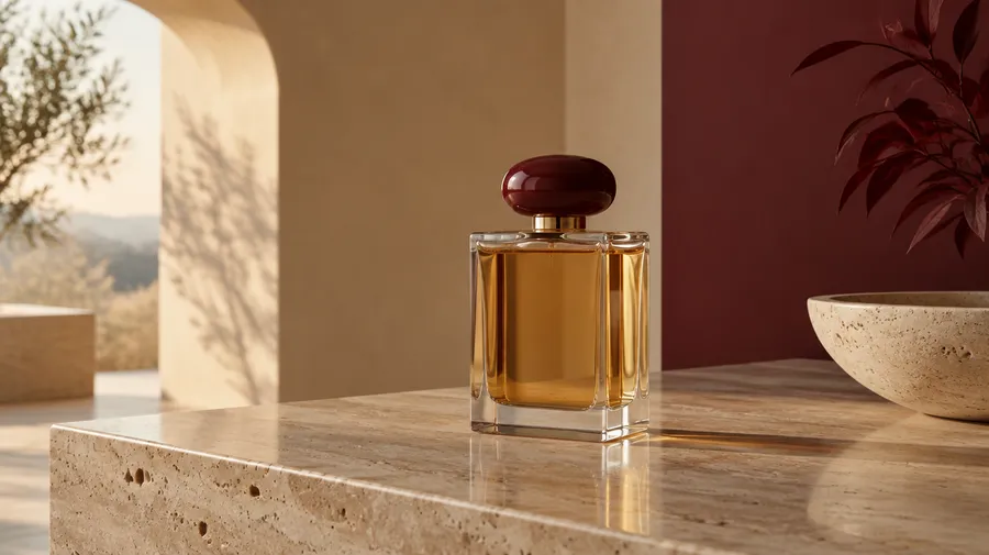 Perfume bottle with a burgundy cap on a stone surface in a beige and burgundy room