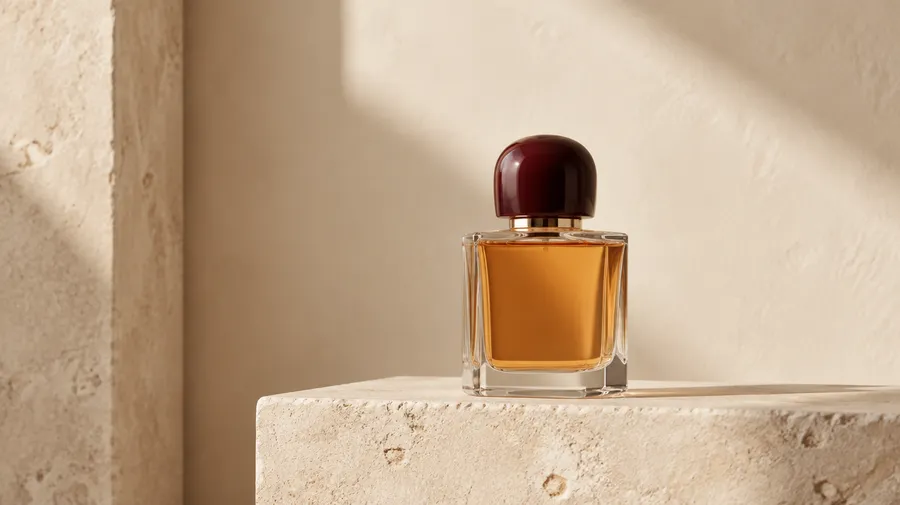 Glass perfume bottle with amber liquid and a burgundy cap on a beige stone pedestal