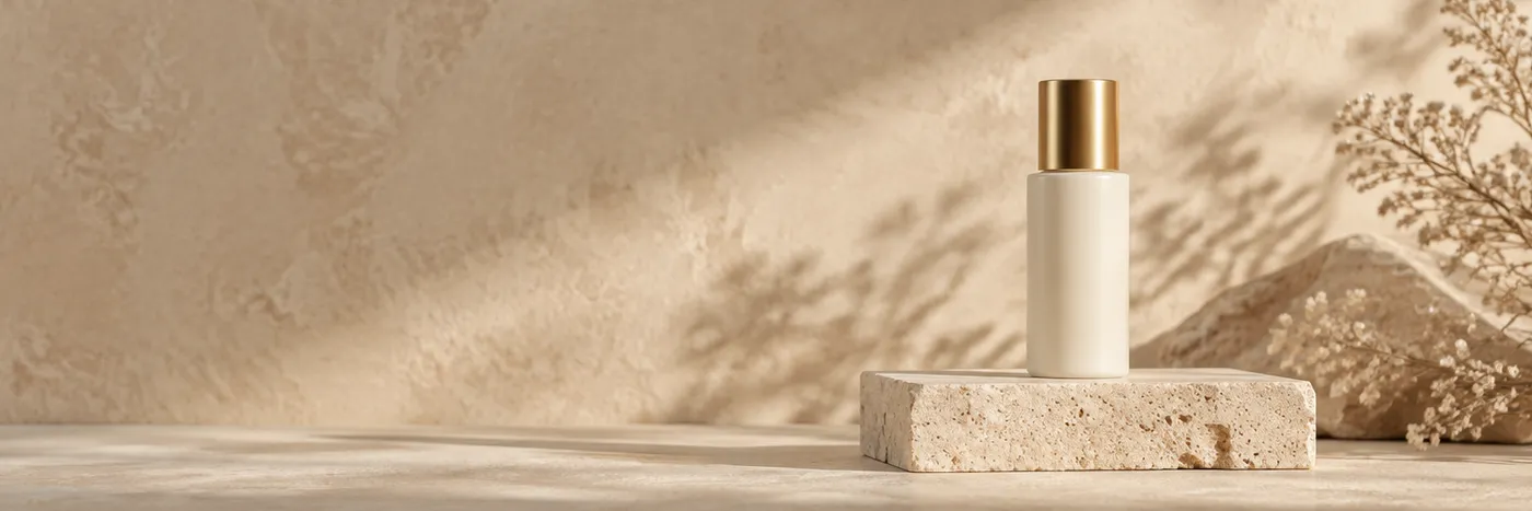 Cream skincare bottle with a gold cap on a round travertine pedestal