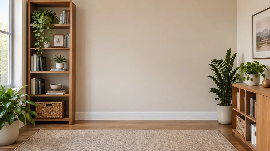 Empty beige room with wooden shelves, books and potted plants