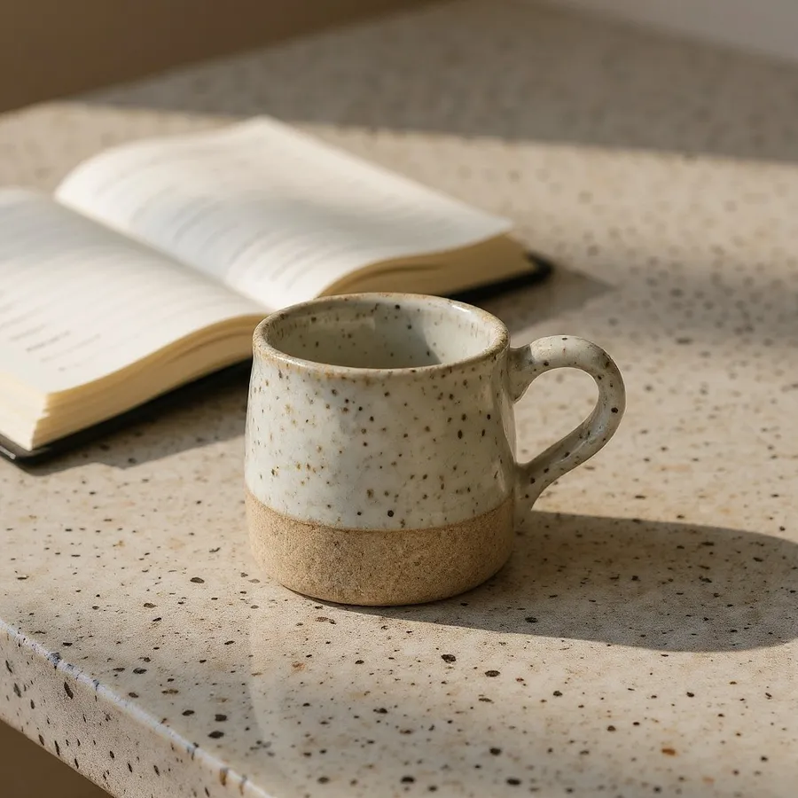Speckled ceramic mug beside an open book on a sunlit stone surface