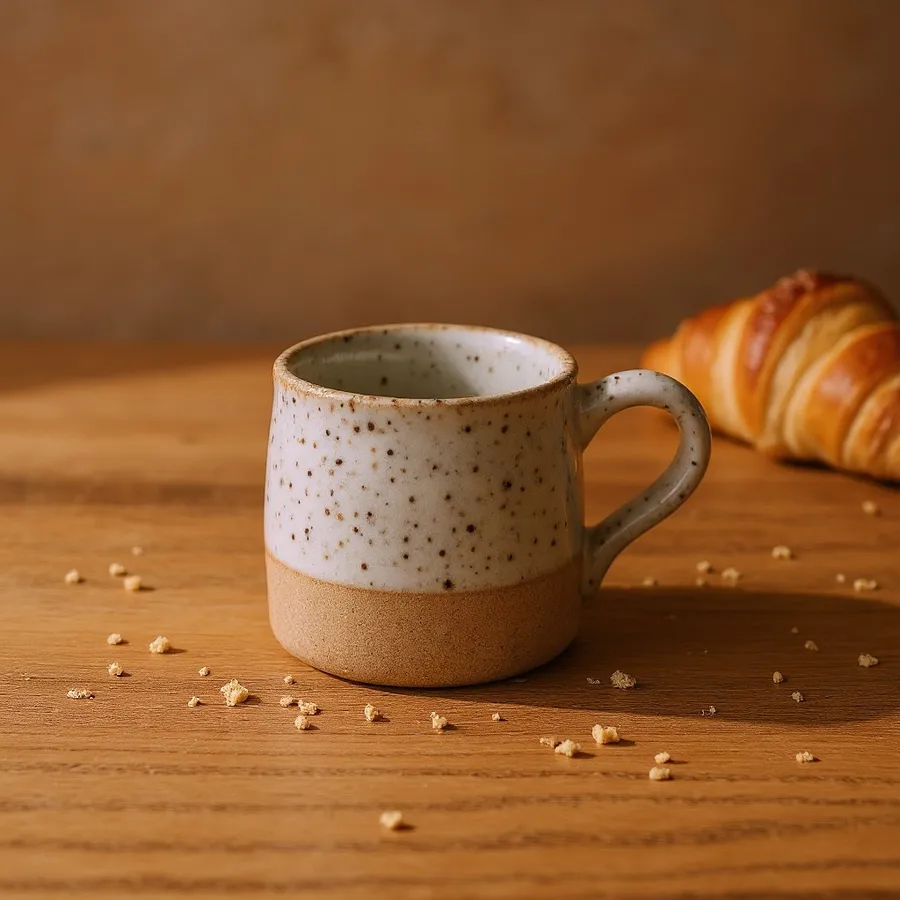 Speckled ceramic mug and a croissant on a wooden table