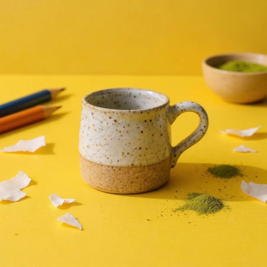 Speckled ceramic mug on a yellow surface with green powder and pencils