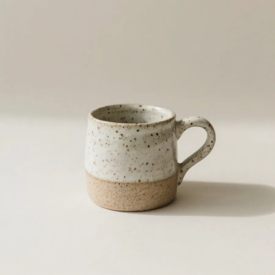 Speckled ceramic mug on a plain beige surface