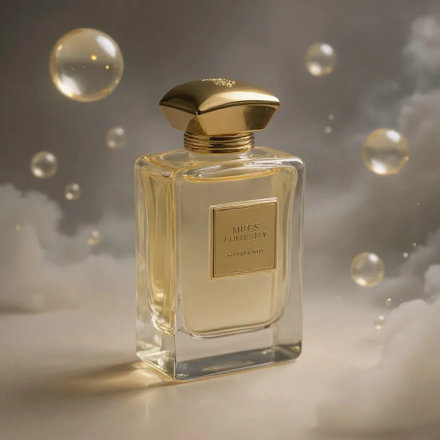 Glass perfume bottle with a gold cap among floating bubbles and clouds