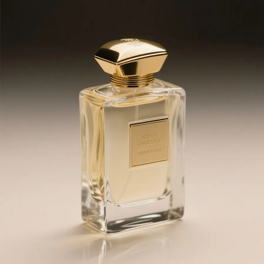 Glass perfume bottle with a gold cap on a reflective beige surface