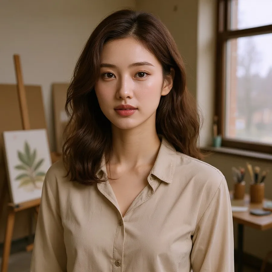 Woman in a beige blouse in a room with a window and botanical artwork