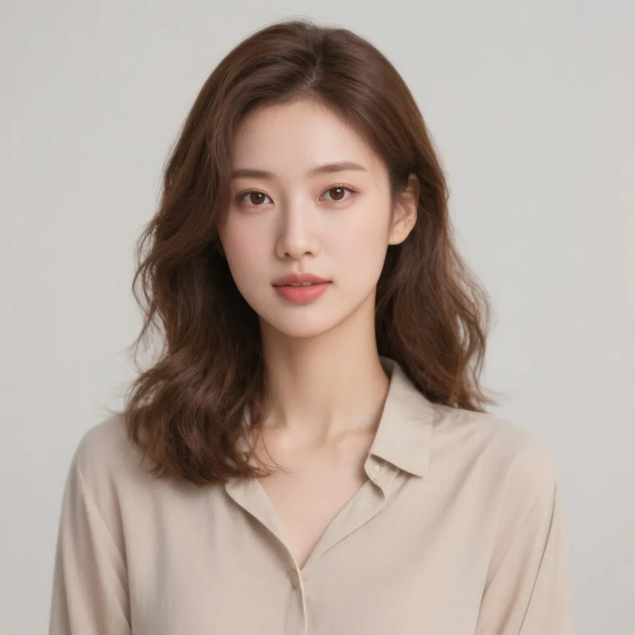 Woman in a beige blouse against a light gray background