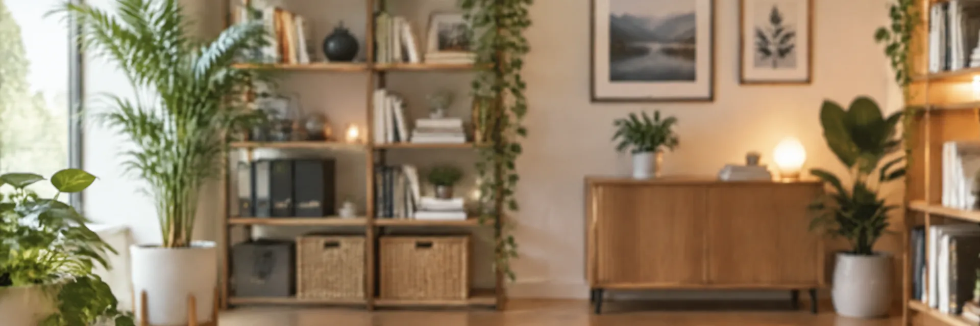 Softly blurred home office background with plants and wooden shelving for video calls