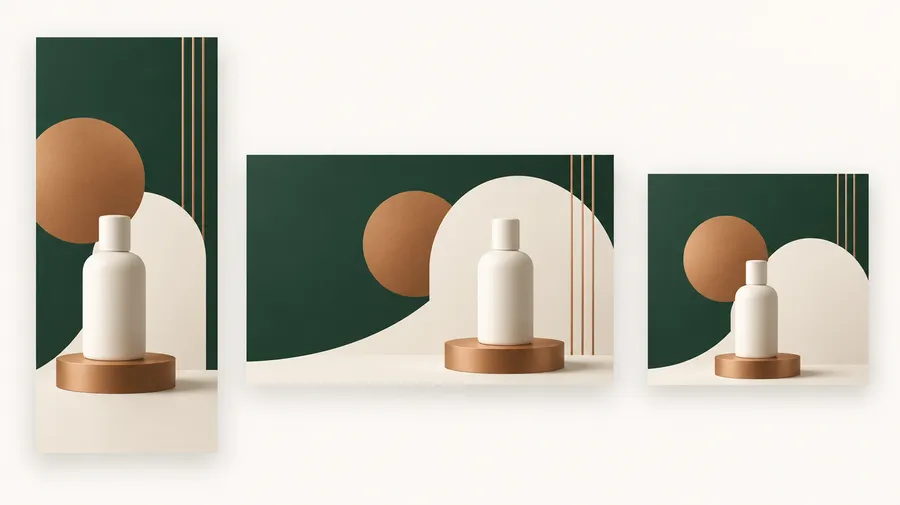 Three empty banner layouts side by side sharing one green, cream and copper palette