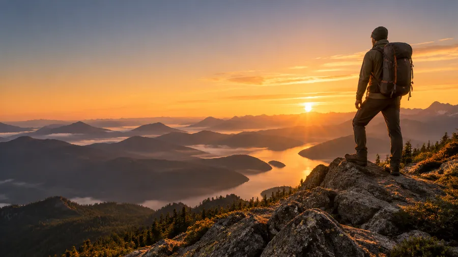 Hiker on a rocky ridge at sunrise on the right, open sky and empty space on the left
