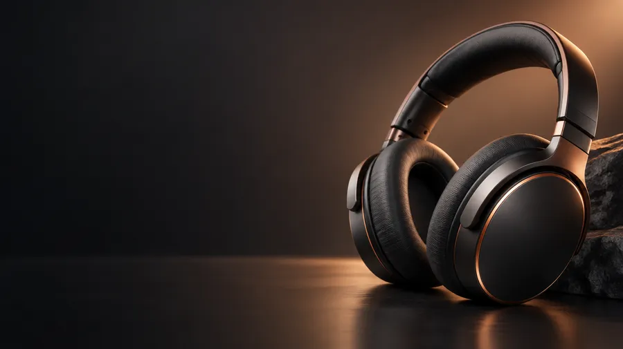 Over-ear headphones lit on a dark charcoal background with empty space on the left