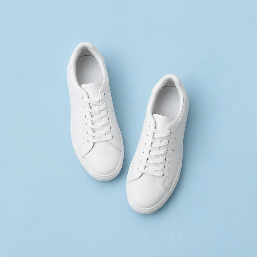 White leather sneakers on a pale blue background with empty space around them