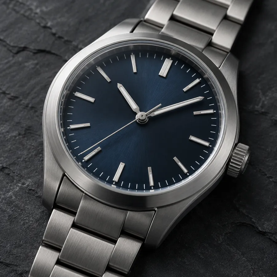 Close-up of a brushed steel wristwatch on a dark slate surface