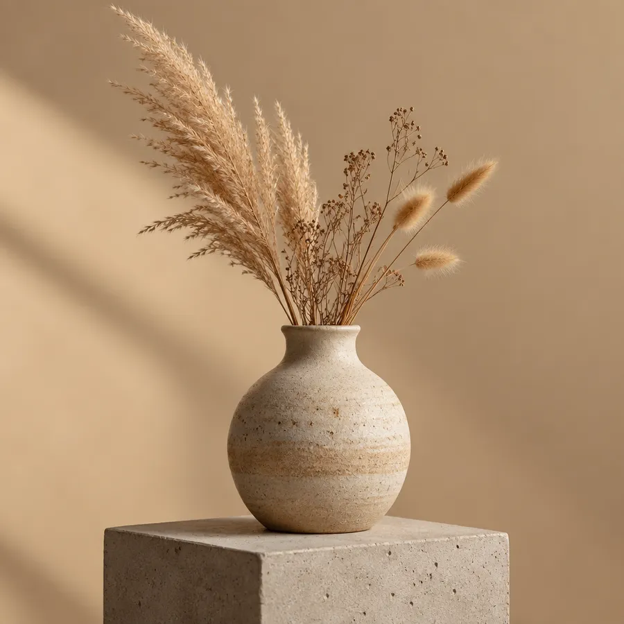 Ceramic vase with dried grasses on a concrete plinth against a sand backdrop