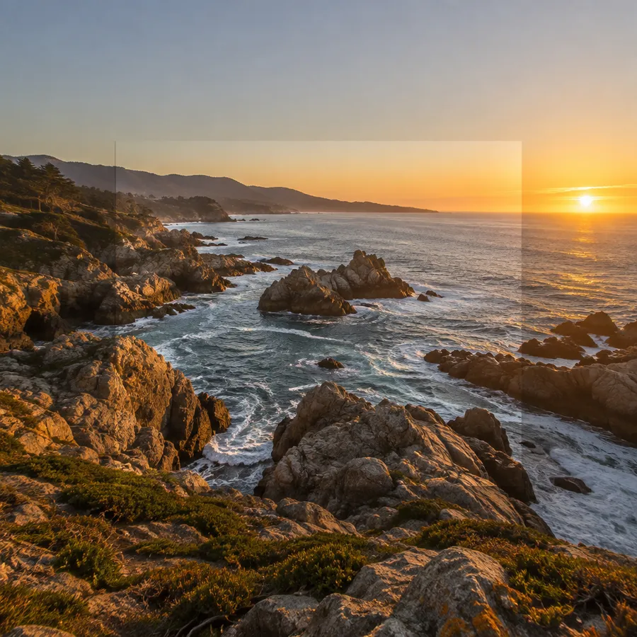 Rocky coastline at golden hour with a sharper rectangle of the same scene in the centre