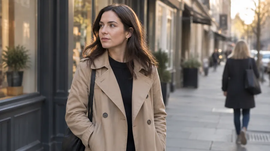 Woman in a beige trench coat on a city sidewalk with a pedestrian behind her