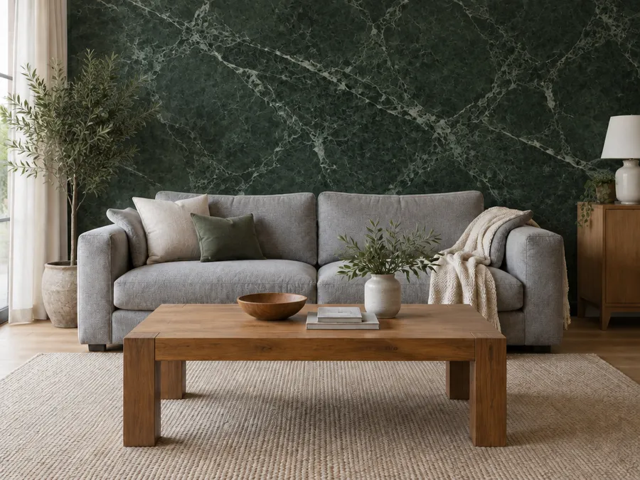 Same living room with the wall behind the sofa replaced by dark green marble