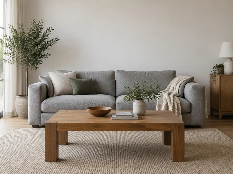 Living room with a grey sofa, wooden coffee table and plain off-white wall