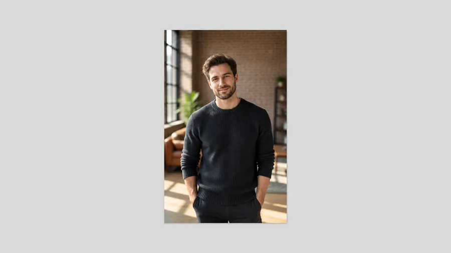 Vertical portrait of a man in a dark sweater in a loft, small on a grey background