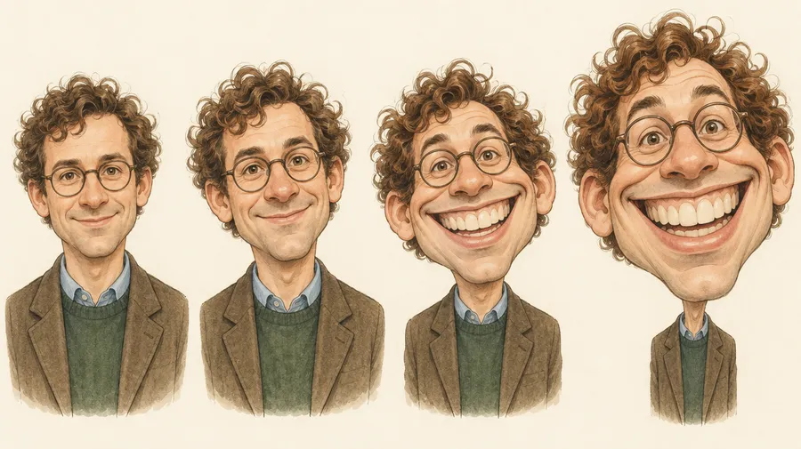 Four caricatures of a curly-haired man in glasses with progressively larger heads and wider smiles