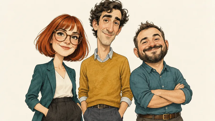 Caricature of three coworkers: a red-haired woman in glasses, a curly-haired man, and a bearded man