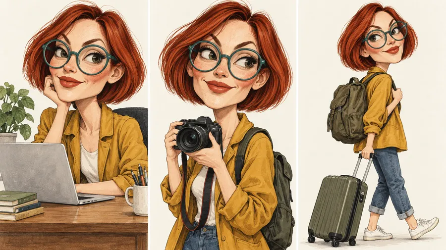 Three caricatures of a red-haired woman in glasses at a laptop, holding a camera, and pulling a suitcase