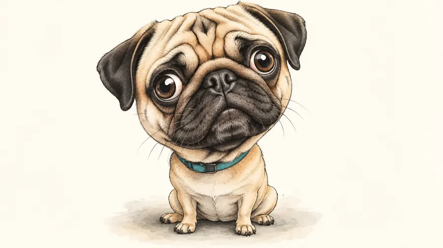 Watercolor caricature of a fawn pug with an oversized head, large eyes, and teal collar