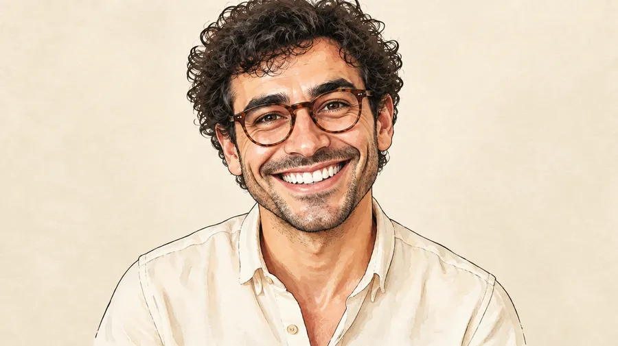 Portrait photo transformed into an ink-and-watercolor caricature of a curly-haired man with glasses and a wide smile