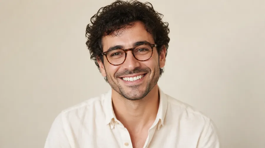 Portrait photo of a smiling curly-haired man in round glasses and a cream shirt