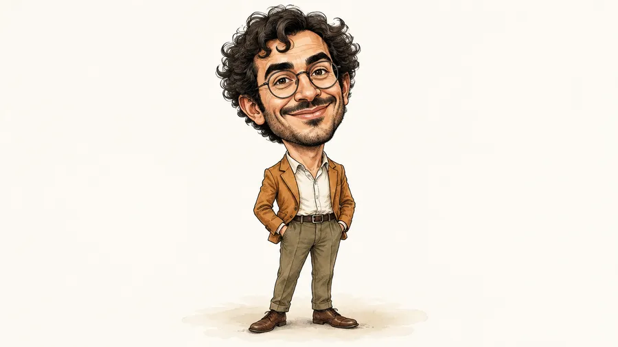 Caricature of a curly-haired man in glasses with an oversized head, brown jacket, and small body