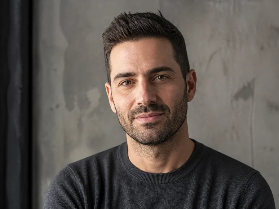 Photograph of a bearded man in a charcoal sweater against a concrete loft wall, attached as the reference image for the cartoon avatar workflow on the getimg.ai AI cartoon generator page, generated on getimg.ai