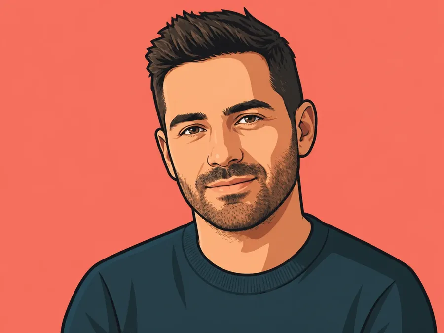 A photo of a bearded man redrawn as a 2D cartoon avatar with thick clean outlines and a teal and coral palette, shown as the cartoon avatar result on the getimg.ai AI cartoon generator page, generated on getimg.ai