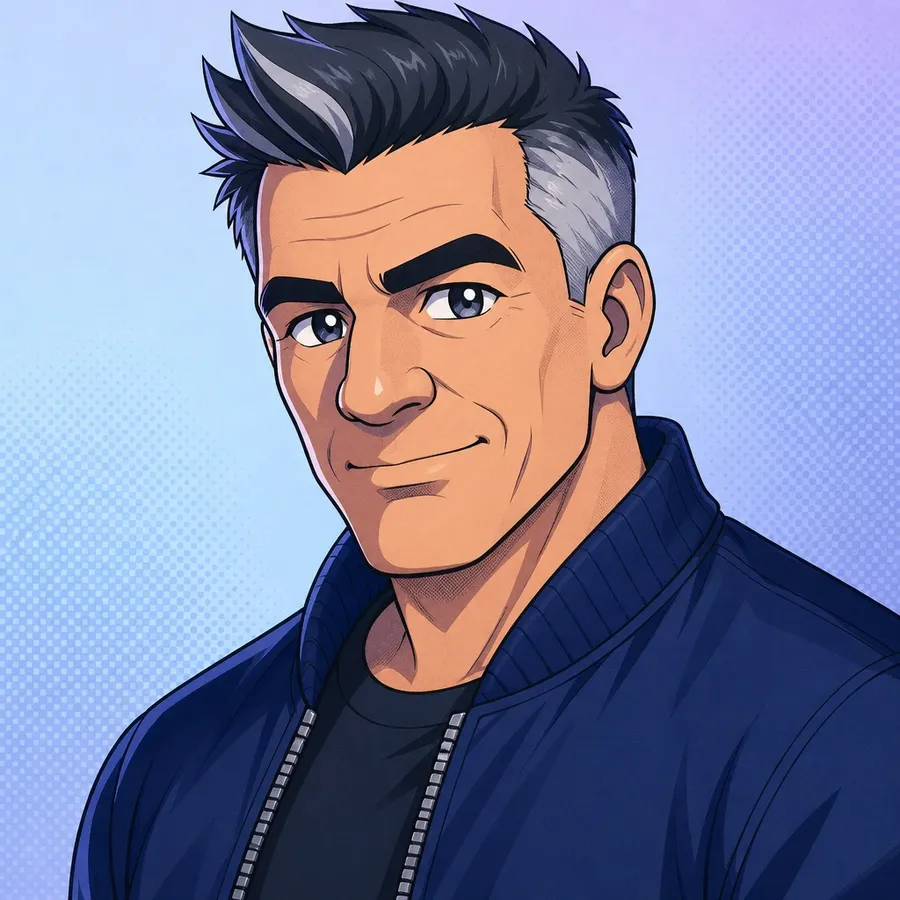 The same cartoon character redrawn in anime style with large expressive eyes, fine linework and screentone shading in a cool blue palette, shown as the anime example in the cartoon versus anime versus caricature comparison on the getimg.ai AI cartoon generator page, generated on getimg.ai