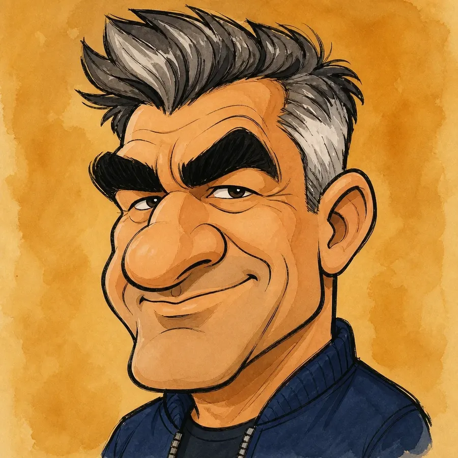 The same character redrawn as a caricature with an oversized head and exaggerated nose and eyebrows in loose ink linework with watercolor wash, shown as the caricature example in the cartoon versus anime versus caricature comparison on the getimg.ai AI cartoon generator page, generated on getimg.ai