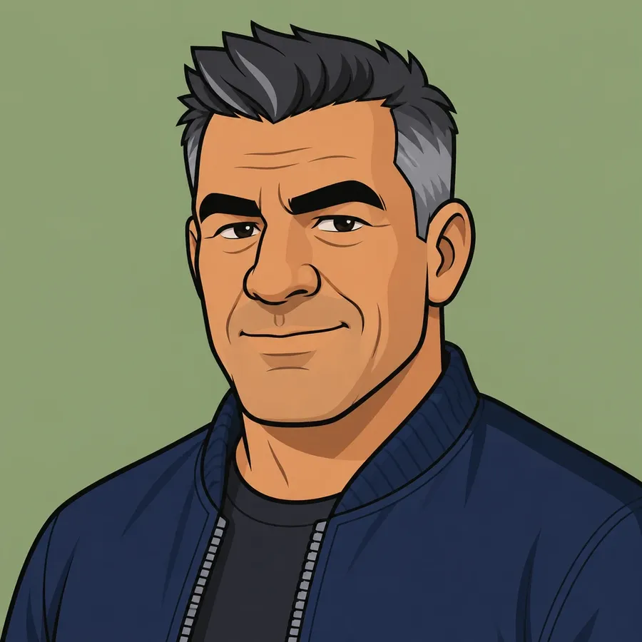 Flat 2D cartoon portrait of a man with a greying quiff and navy bomber jacket on a sage green background, shown as the cartoon example in the cartoon versus anime versus caricature comparison on the getimg.ai AI cartoon generator page, generated on getimg.ai